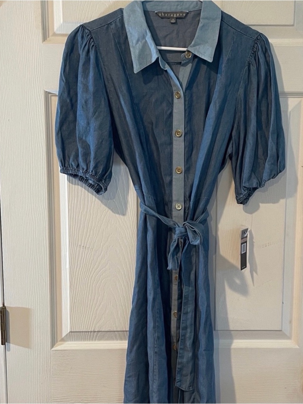 Sharagano size 12 Blue Button-Front Midi Dress with Tie Waist
